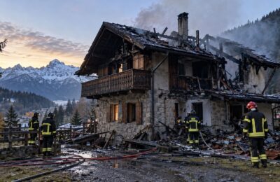 Vigili del fuoco dopo l'incendio di uno chalet in montagna