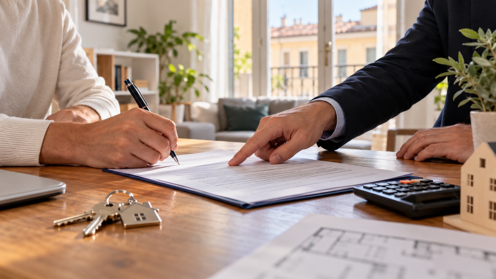 Firma di un contratto di affitto con chiavi di casa in Italia