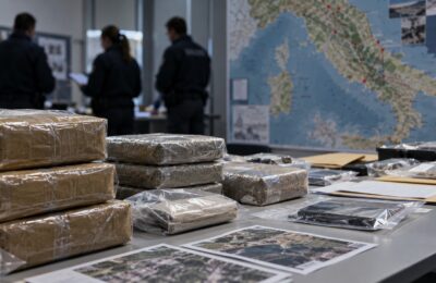 Pacchi sequestrati e mappa investigativa durante un’indagine antidroga in Italia
