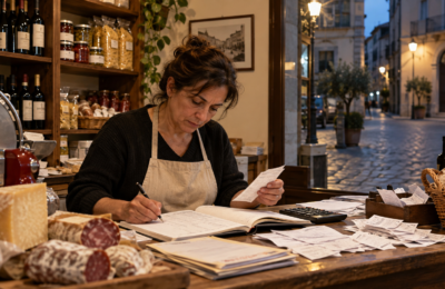 Commerciante italiana esamina registri e documenti contabili nel suo negozio