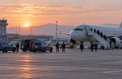 Aereo charter e mezzi di polizia su una pista aeroportuale